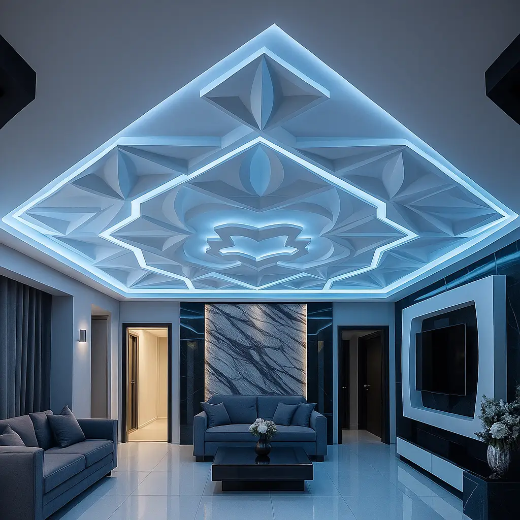 Stylowy salon z nowoczesnym oświetleniem sufitowym.