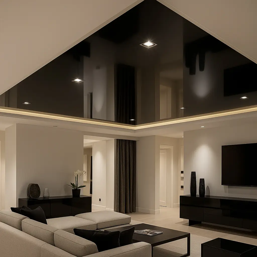 Modern living room with glossy black ceiling