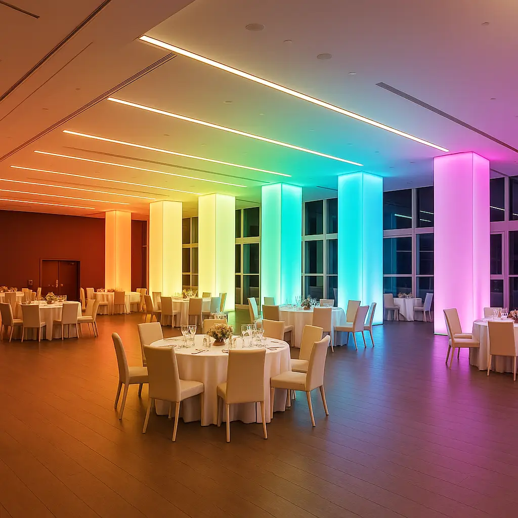 Elegancka sala bankietowa z kolorowym oświetleniem.
